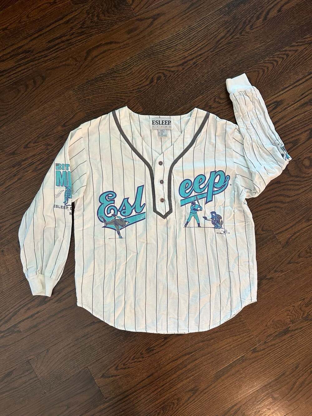 Vintage 1999 Esleep Pjams Long Sleeve Pinstripe Baseball-Style Pajama Shirt